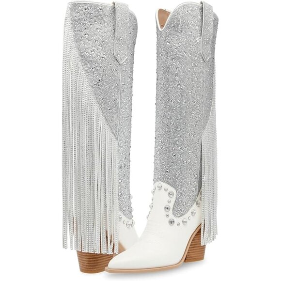 Steve Madden Shoes Lexy White Silver Fringe Embellished Western Knee High Boots
